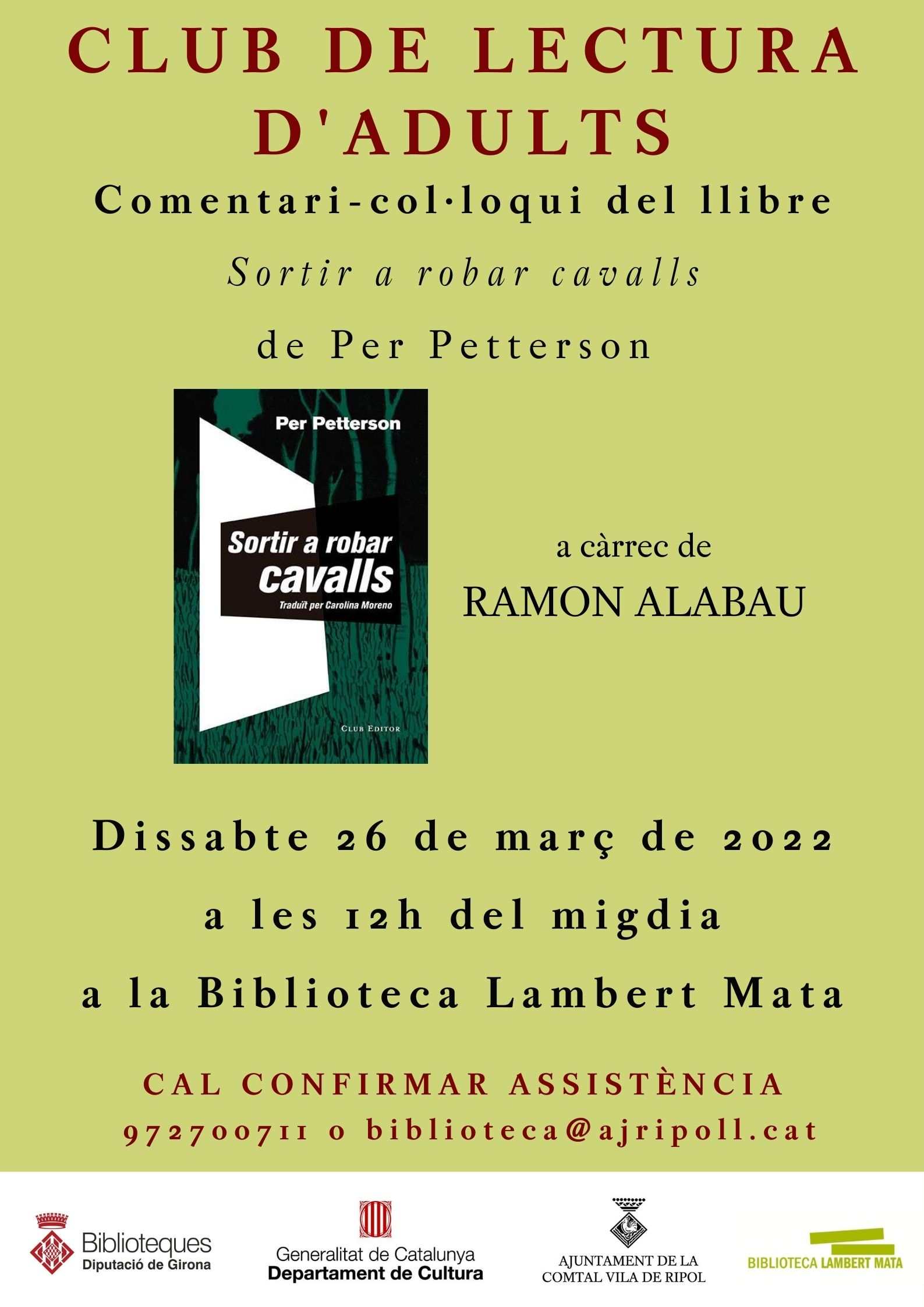 Cartell club de lectura adults "Sortir a robar cavalls" Ripoll