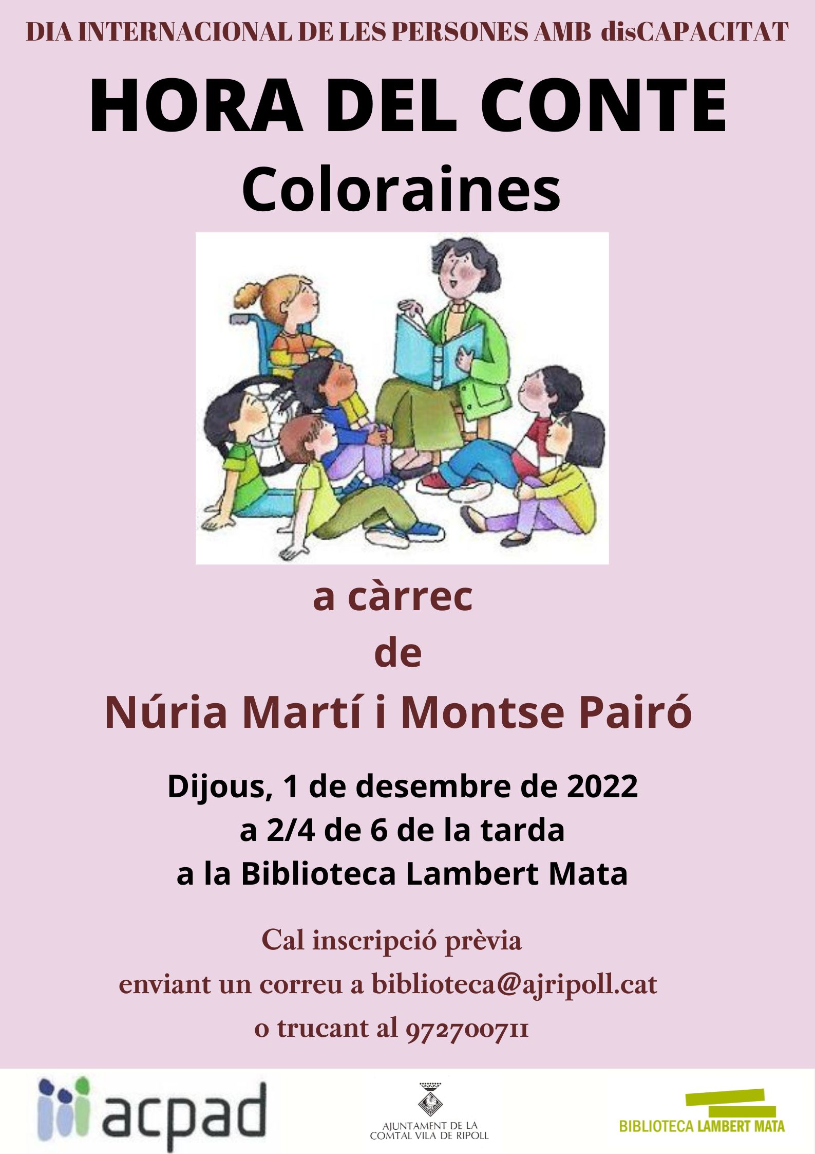 Cartell Coloraines: hora del conte dia internacional persones amb discapacitat