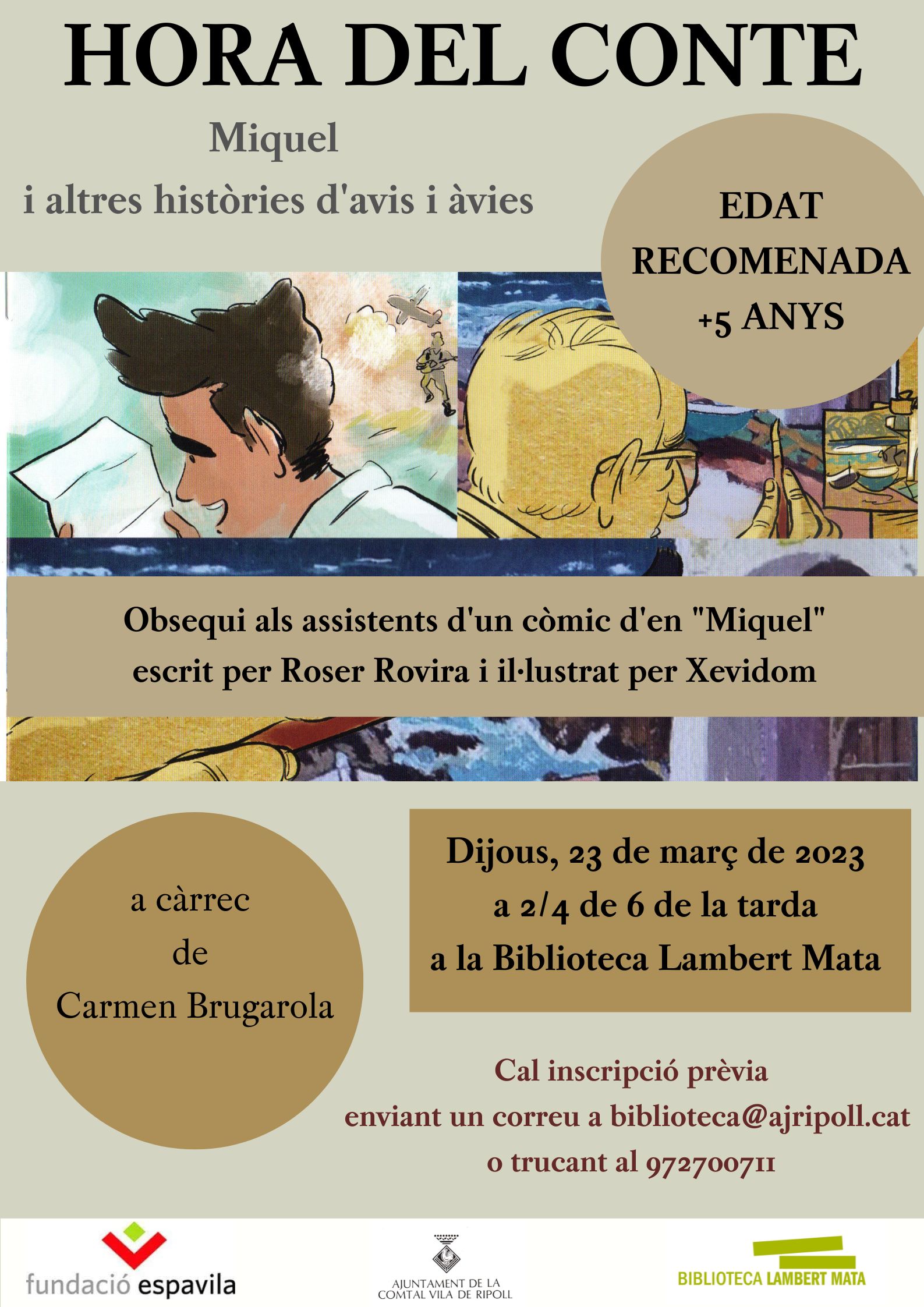 Cartell: hora del conte "Miquel i altrs històries d'avis i àvies" a càrrec de Carme Brugarola