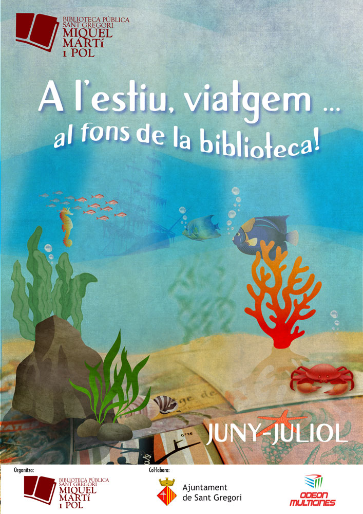 cartell: a l'estiu viatgem al fons de la biblioteca