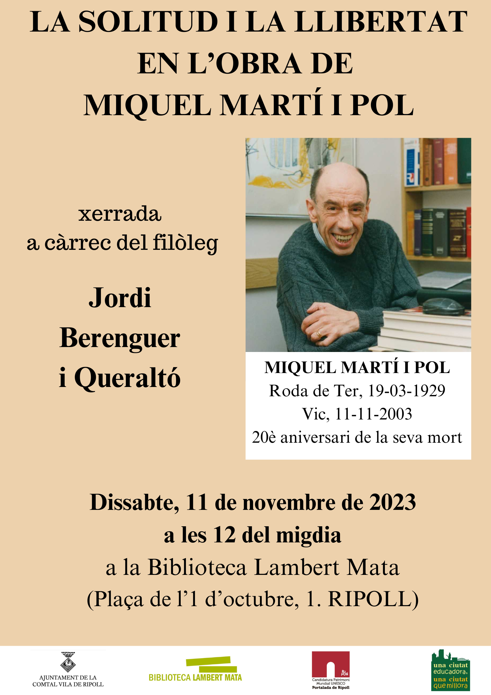 Cartell Xerrada "La solitud i la llibertat" en l'obra de Miquel Martí i Pol