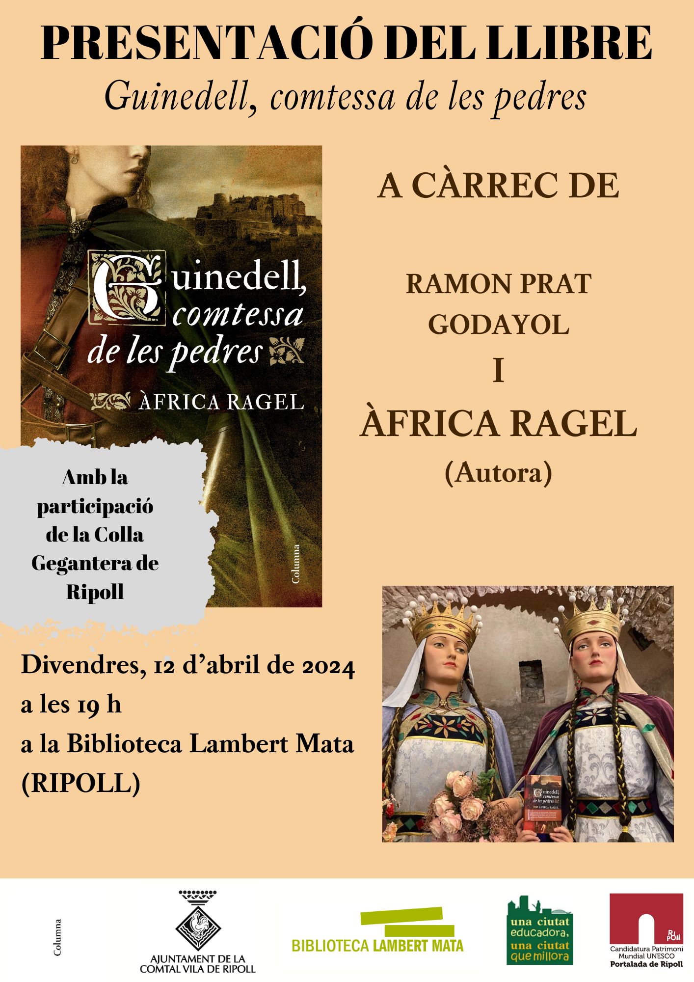 Cartell presentació llibre "Guinedell: comtessa de les pedres" a Ripoll butlletí